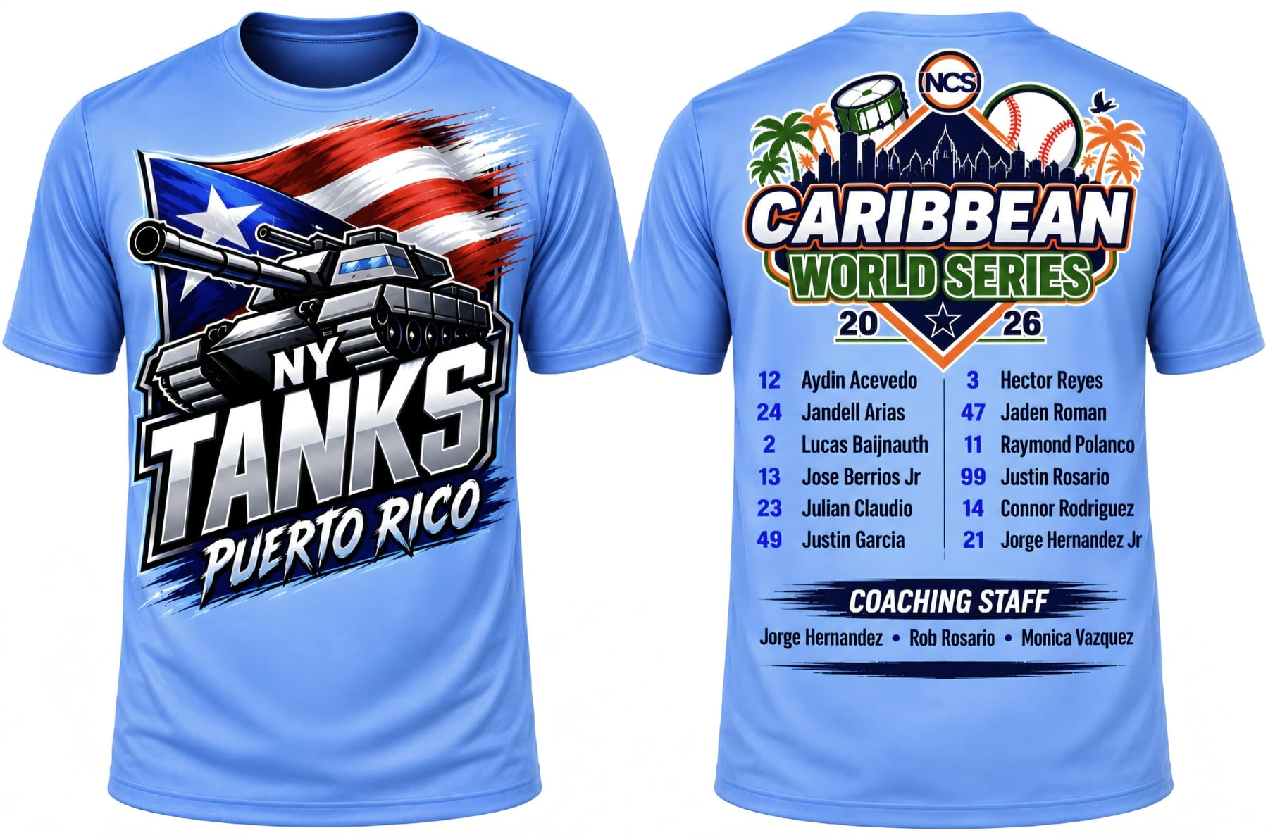 NY Tanks Puerto Rico 2026 roster shirt showing the players and coaching staff